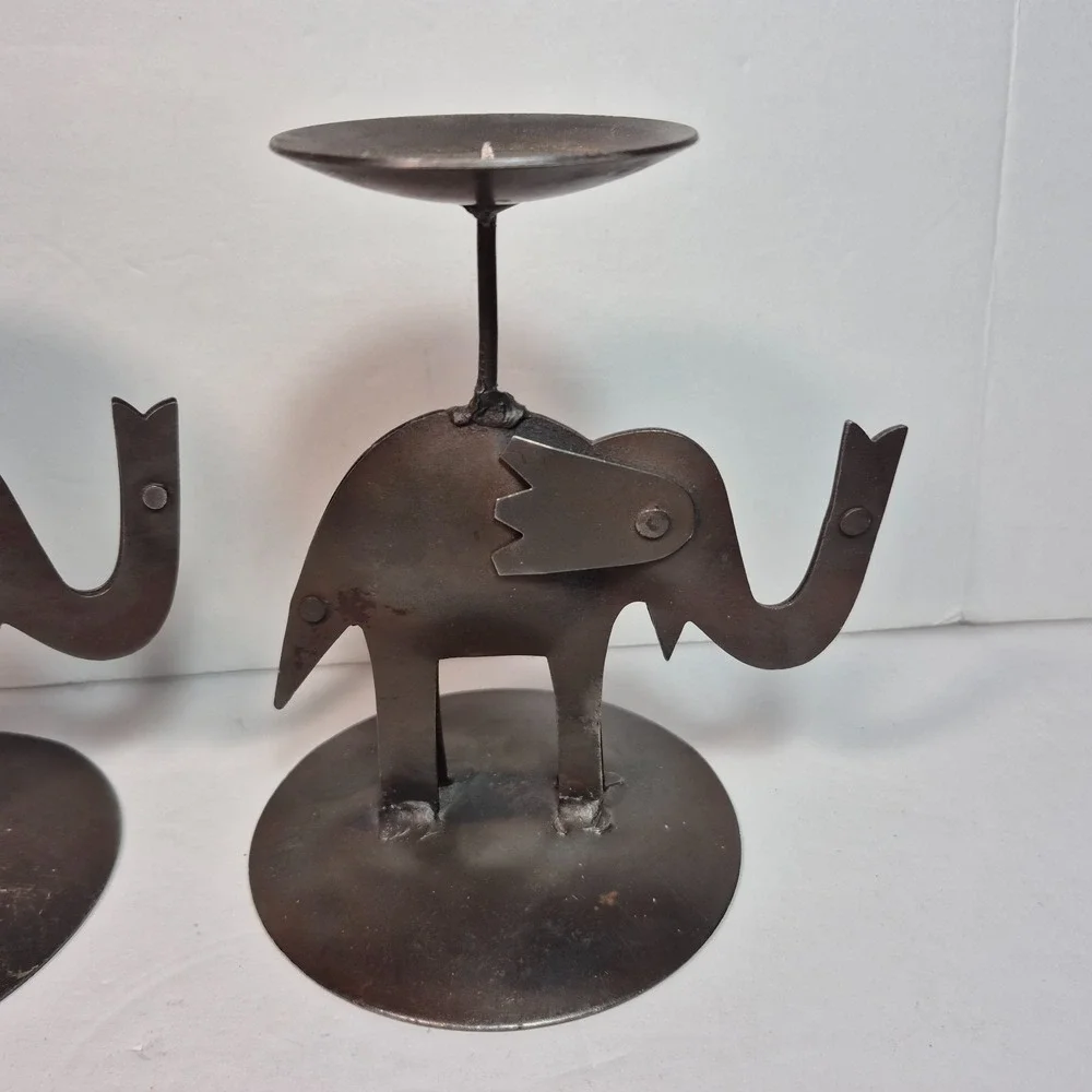 Lot of 2 Vintage Pier 1 Rustic Metal Elephant Candle Holders 5.5
